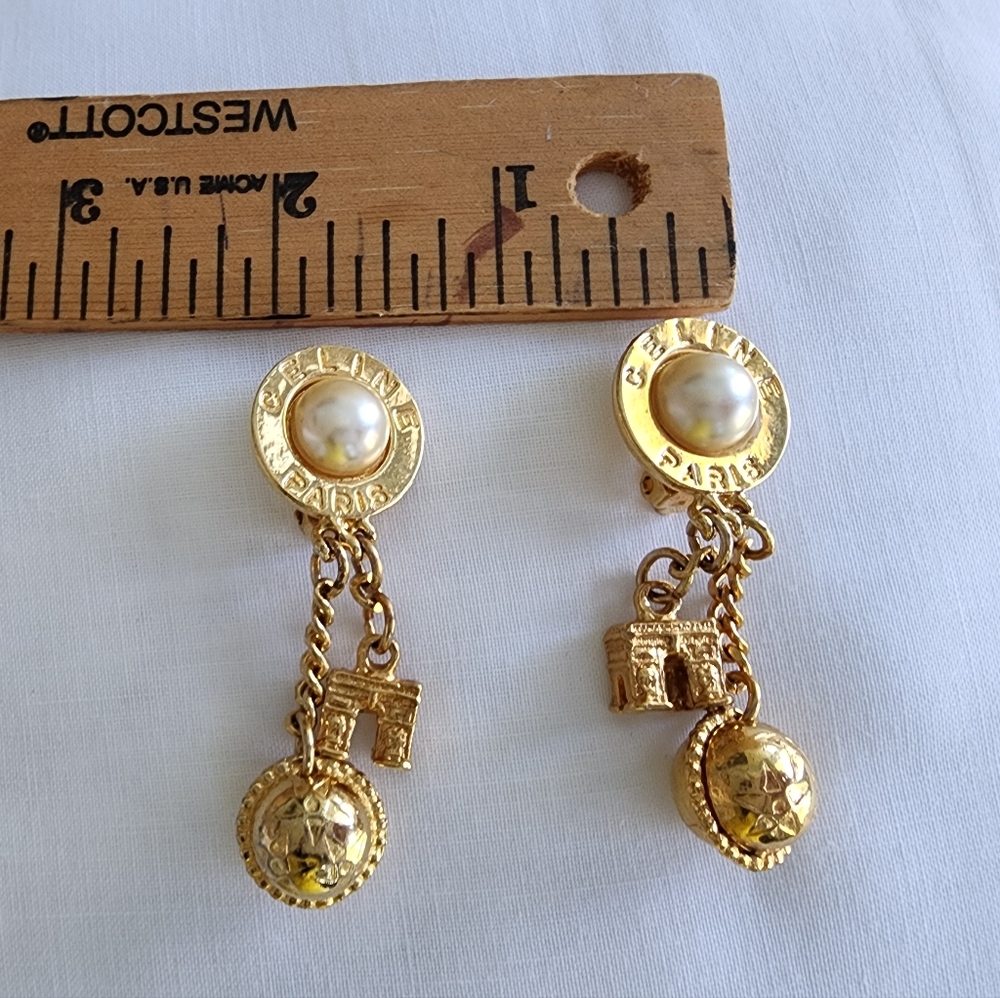 CELINE PARIS Gold Tone Pearl Arc de Triomphe Golden Ball Clip Earrings - Picture 4 of 8